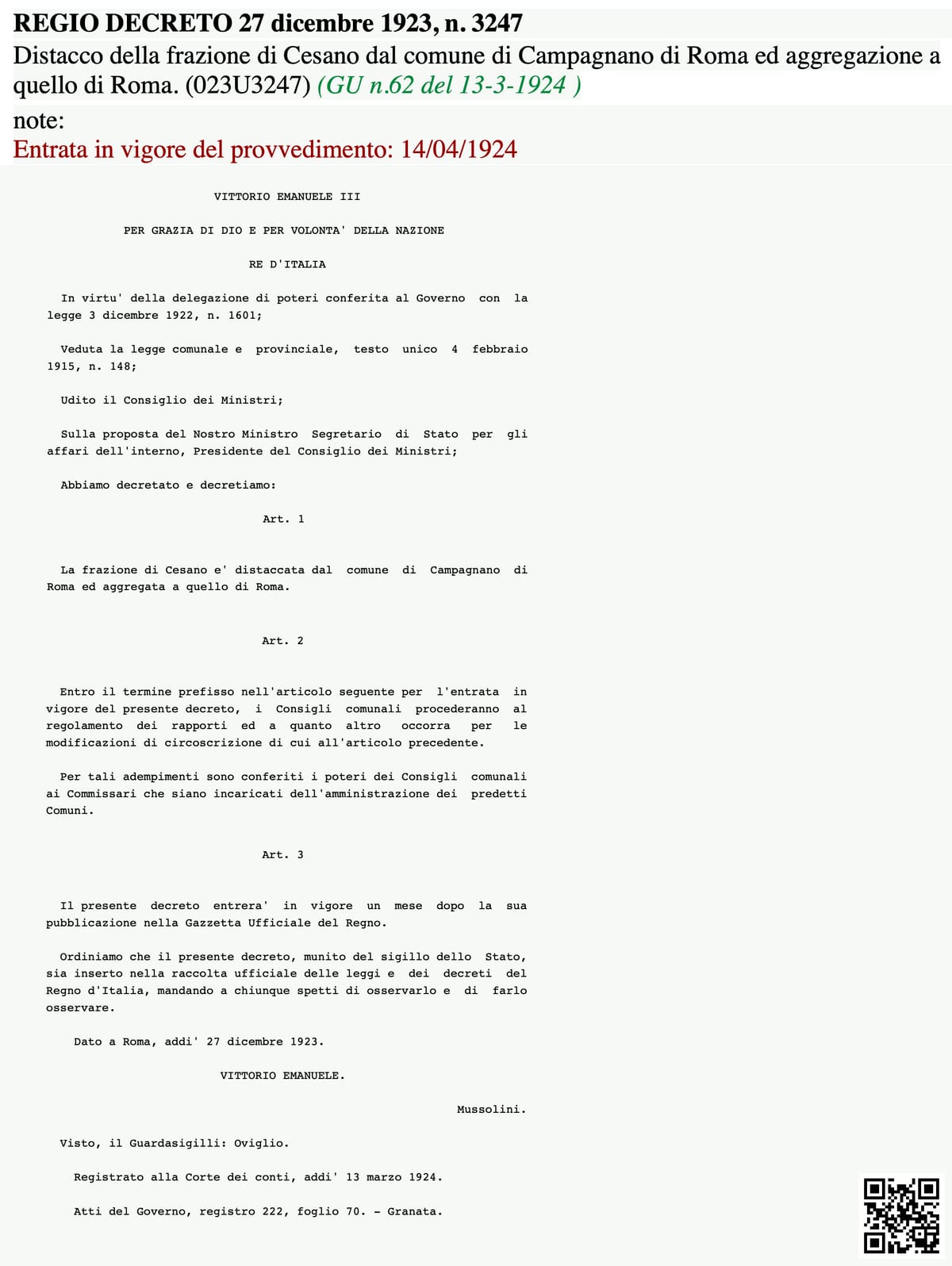 Cesano [di Roma]: "nato" nel 1923, "battezzato" nel 1924