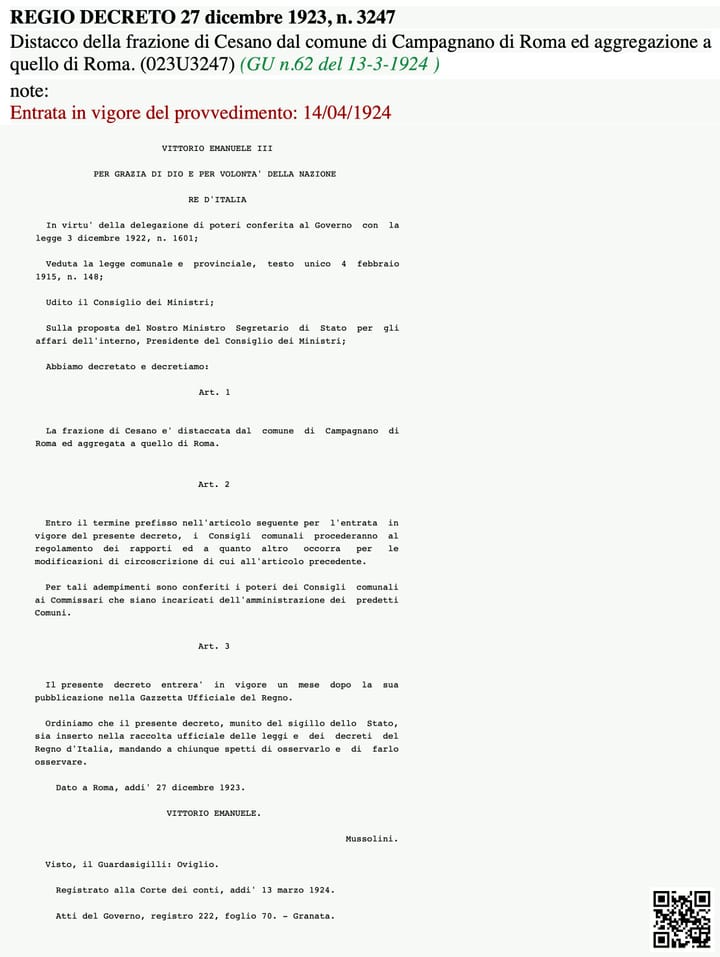 Cesano [di Roma]: "nato" nel 1923, "battezzato" nel 1924